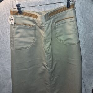 Vintage Beige High-Waist Pencil Skirt with Tan Trim